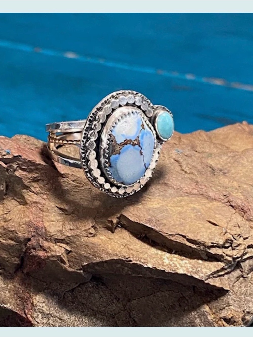 Turquoise Sterling Silver and Gold Plated Ring Size 7.5